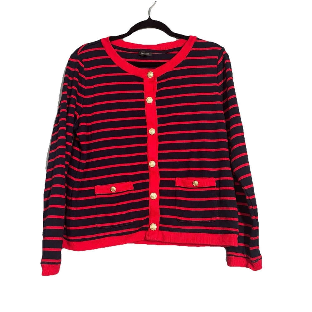 Talbots Sweater Womens Large Cardigan Red Stripe Gold Buttons Nautical Coastal